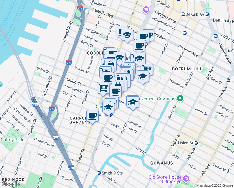 map of restaurants, bars, coffee shops, grocery stores, and more near 350 Degraw Street in Brooklyn