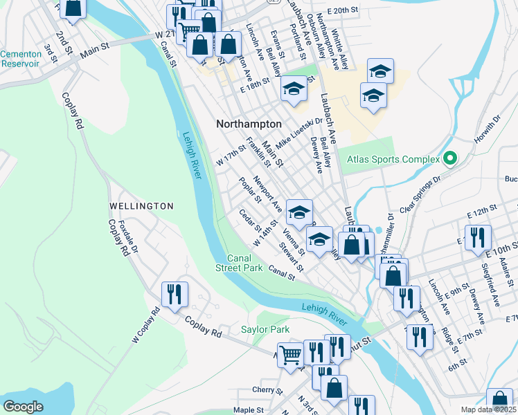 map of restaurants, bars, coffee shops, grocery stores, and more near 119 West 16th Street in Northampton