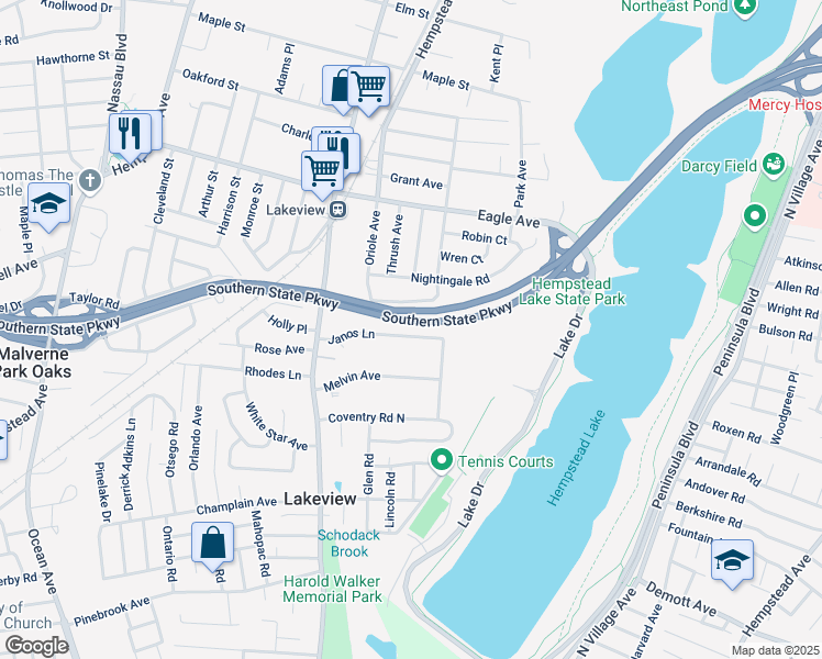 map of restaurants, bars, coffee shops, grocery stores, and more near 833 Sunshine Avenue in West Hempstead