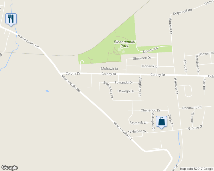 map of restaurants, bars, coffee shops, grocery stores, and more near 5395 Monocacy Drive in Bethlehem