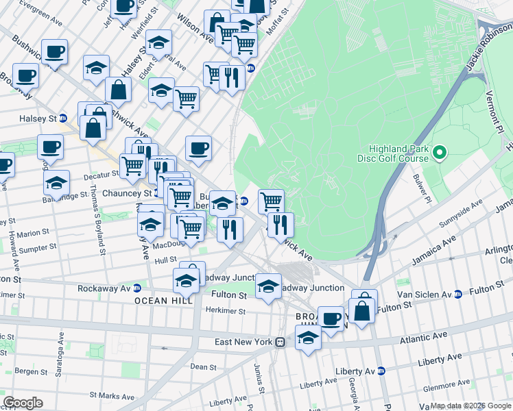 map of restaurants, bars, coffee shops, grocery stores, and more near 1533 Bushwick Avenue in Brooklyn