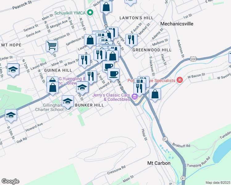 map of restaurants, bars, coffee shops, grocery stores, and more near 351 South 2nd Street in Pottsville