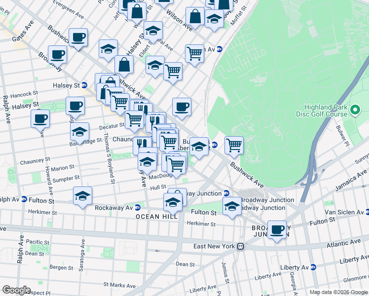 map of restaurants, bars, coffee shops, grocery stores, and more near 1469 Bushwick Avenue in Brooklyn