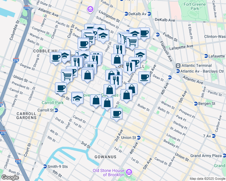 map of restaurants, bars, coffee shops, grocery stores, and more near 207 Bond Street in Brooklyn