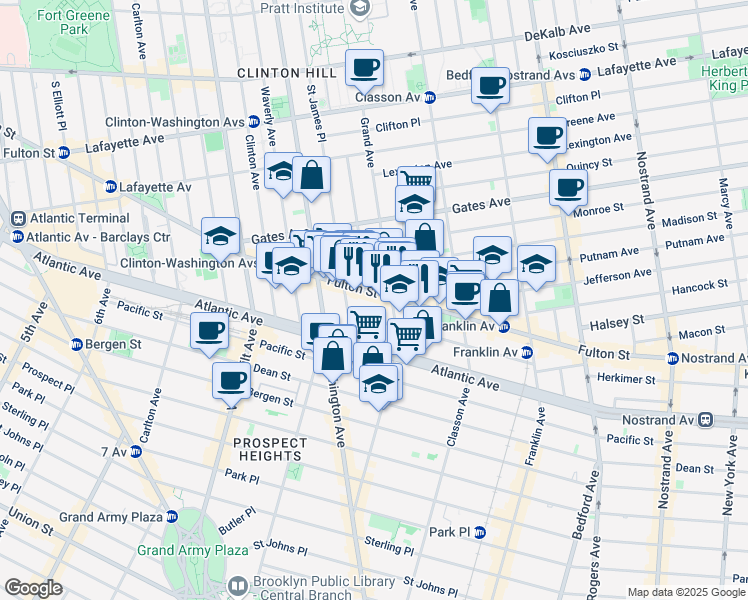 map of restaurants, bars, coffee shops, grocery stores, and more near 960 Fulton Street in Brooklyn