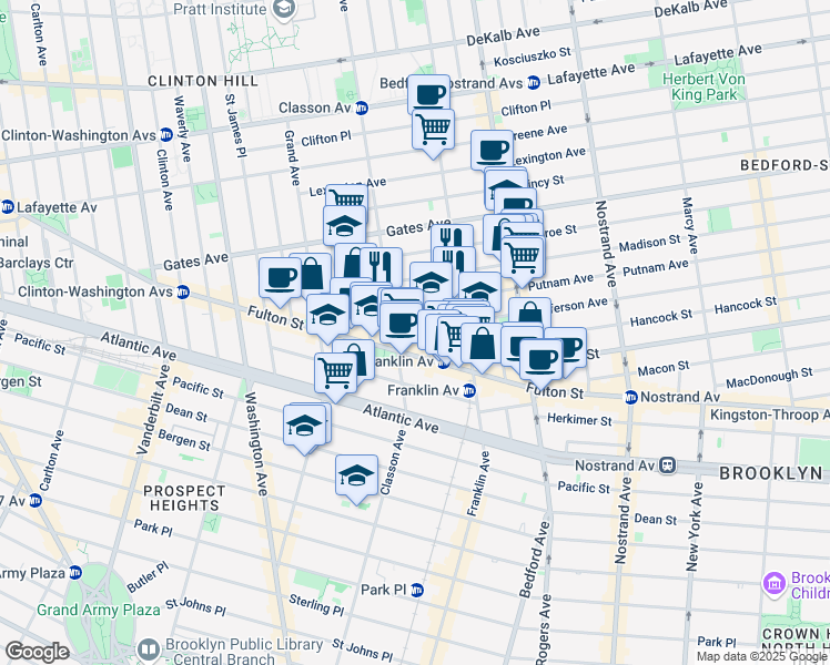 map of restaurants, bars, coffee shops, grocery stores, and more near 3 Claver Place in Brooklyn