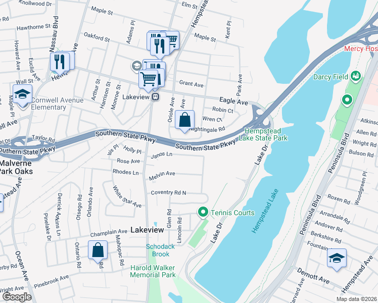 map of restaurants, bars, coffee shops, grocery stores, and more near 833 Sunshine Avenue in West Hempstead