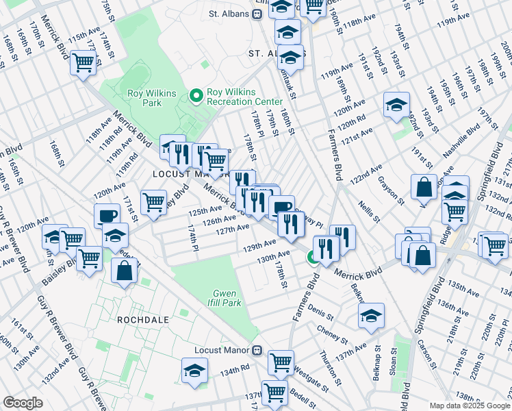 map of restaurants, bars, coffee shops, grocery stores, and more near 177-40 Leslie Road in Queens