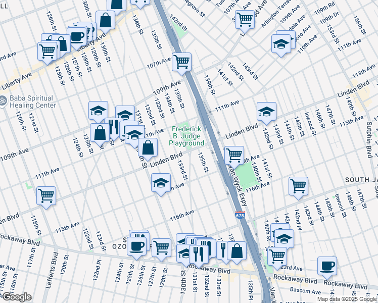 map of restaurants, bars, coffee shops, grocery stores, and more near 134-01 Linden Boulevard in Queens