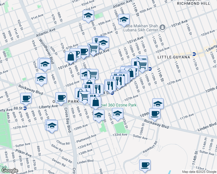 map of restaurants, bars, coffee shops, grocery stores, and more near 103-33 102nd Street in Queens