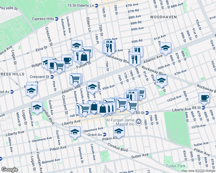 map of restaurants, bars, coffee shops, grocery stores, and more near 94-18 75th Street in Queens
