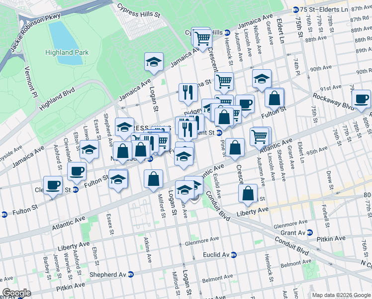 map of restaurants, bars, coffee shops, grocery stores, and more near 183 Richmond Street in Brooklyn