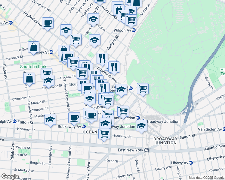 map of restaurants, bars, coffee shops, grocery stores, and more near 1469 Bushwick Avenue in Brooklyn