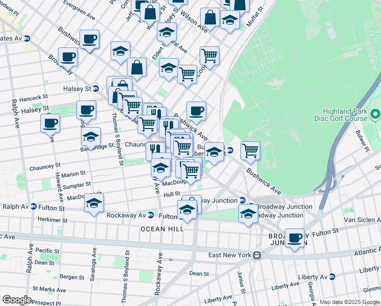 map of restaurants, bars, coffee shops, grocery stores, and more near 1469 Bushwick Avenue in Brooklyn
