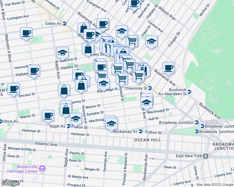 map of restaurants, bars, coffee shops, grocery stores, and more near 537 Bainbridge Street in Brooklyn