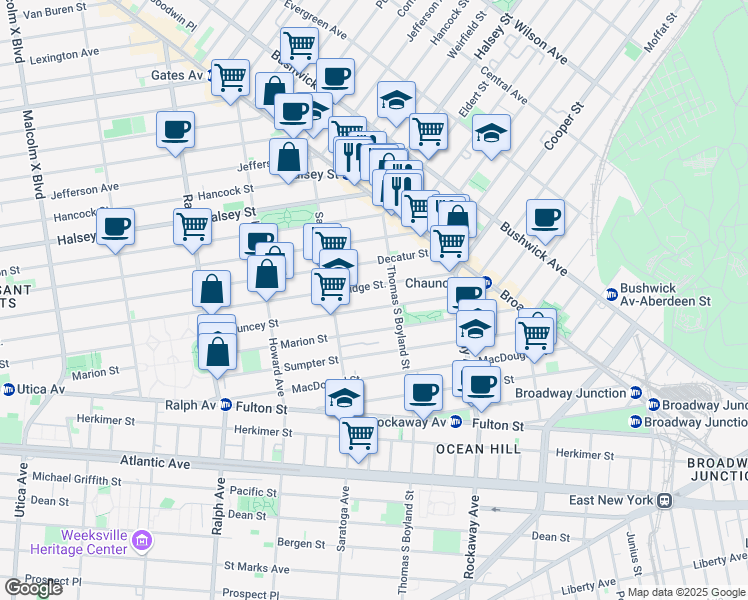 map of restaurants, bars, coffee shops, grocery stores, and more near 537 Bainbridge Street in Brooklyn