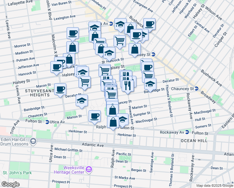 map of restaurants, bars, coffee shops, grocery stores, and more near 545 Decatur Street in Brooklyn