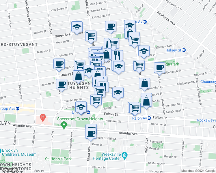 map of restaurants, bars, coffee shops, grocery stores, and more near 463 MacDonough Street in Brooklyn