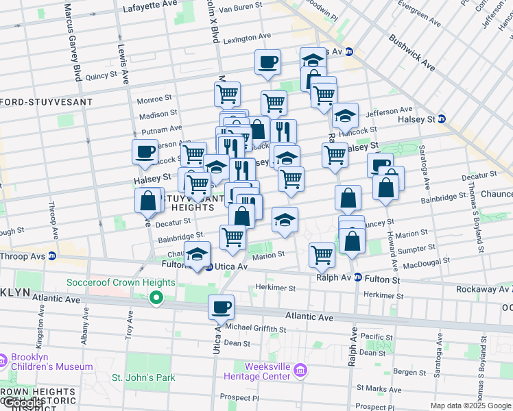 map of restaurants, bars, coffee shops, grocery stores, and more near 463 MacDonough Street in Brooklyn