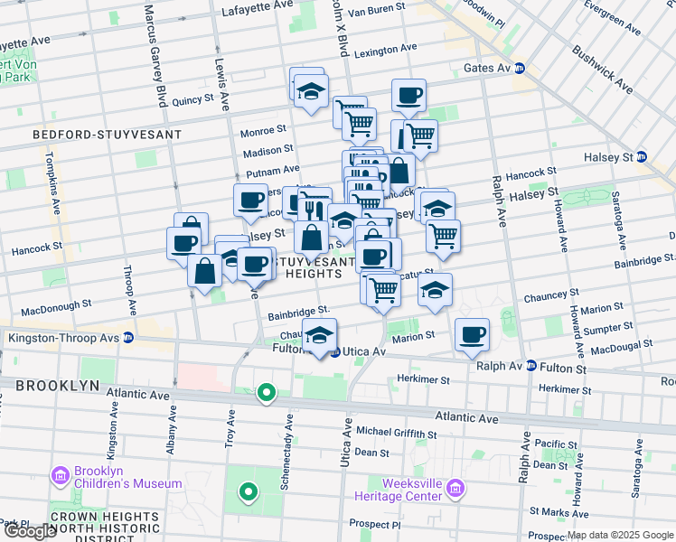 map of restaurants, bars, coffee shops, grocery stores, and more near 500 Macon Street in Brooklyn