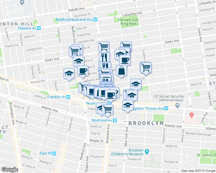 map of restaurants, bars, coffee shops, grocery stores, and more near 425 Nostrand Avenue in Brooklyn