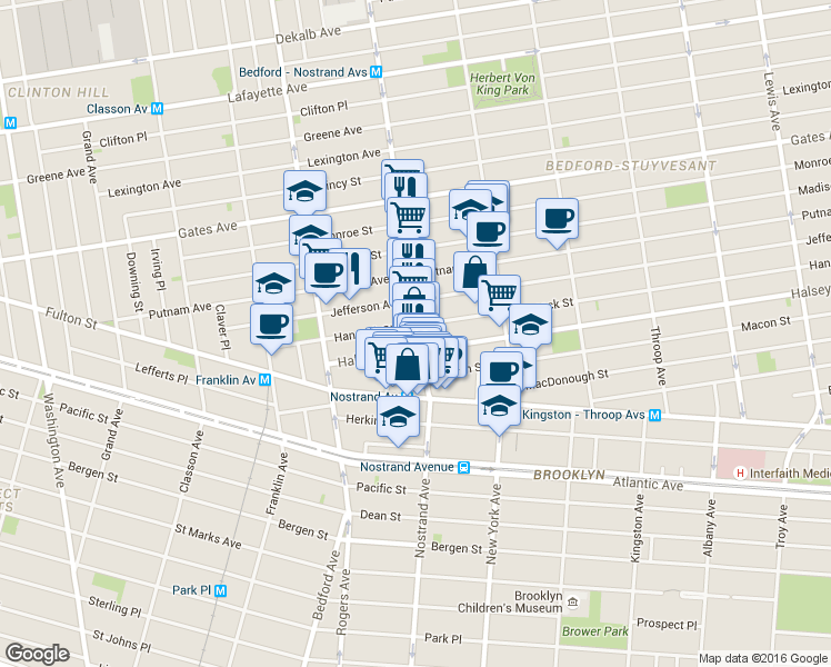 map of restaurants, bars, coffee shops, grocery stores, and more near 425 Nostrand Avenue in Brooklyn