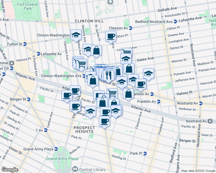 map of restaurants, bars, coffee shops, grocery stores, and more near 983 Fulton Street in Brooklyn