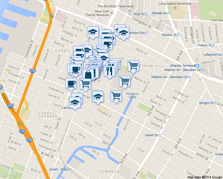 map of restaurants, bars, coffee shops, grocery stores, and more near 238 Hoyt Street in Brooklyn