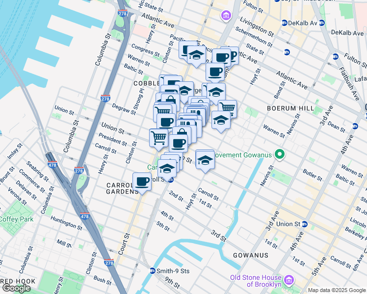 map of restaurants, bars, coffee shops, grocery stores, and more near 350 Degraw Street in Brooklyn