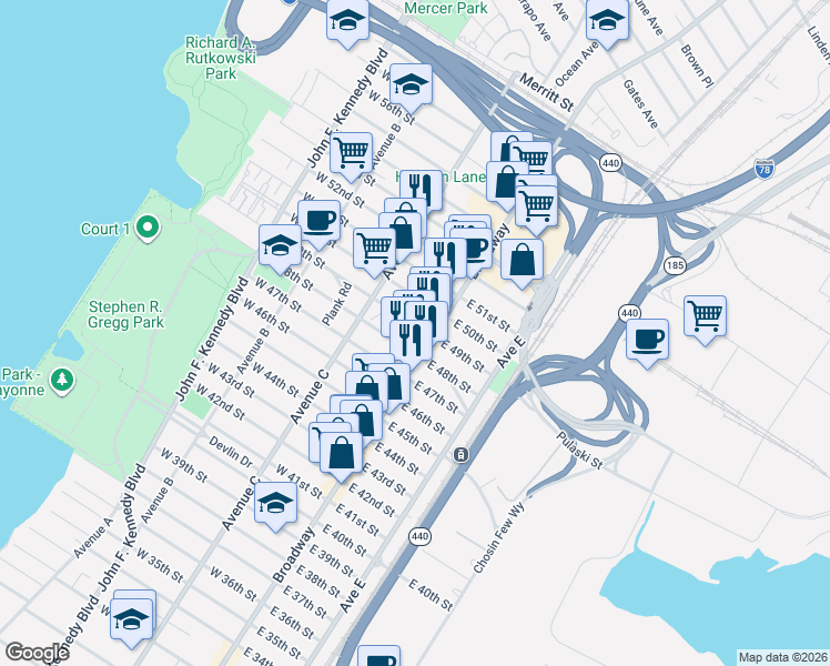 map of restaurants, bars, coffee shops, grocery stores, and more near 14 West 50th Street in Bayonne