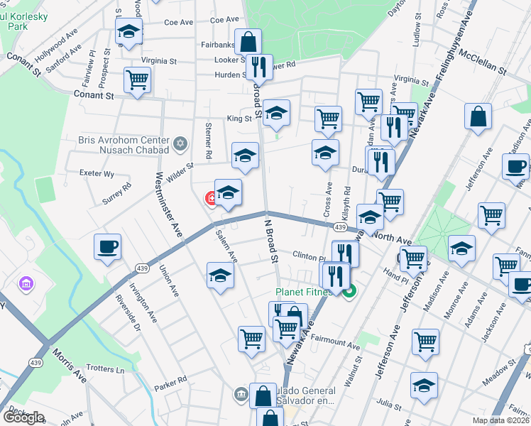 map of restaurants, bars, coffee shops, grocery stores, and more near 333 North Broad Street in Elizabeth