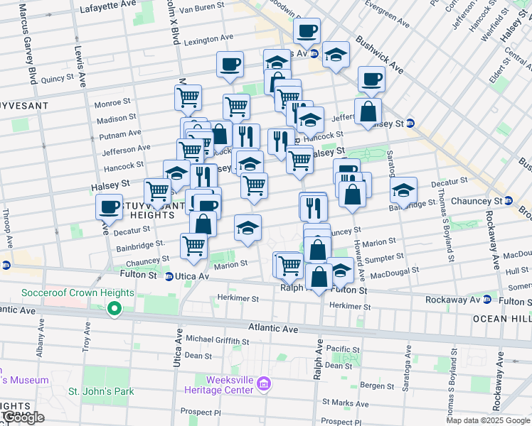 map of restaurants, bars, coffee shops, grocery stores, and more near 442 Decatur Street in Brooklyn