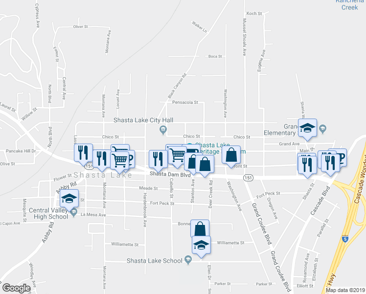 map of restaurants, bars, coffee shops, grocery stores, and more near 4561 Main Street in Shasta Lake
