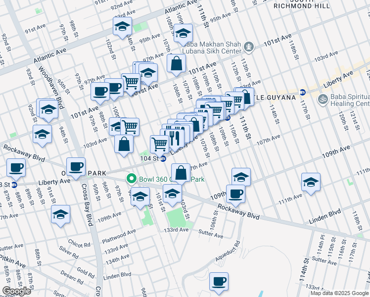map of restaurants, bars, coffee shops, grocery stores, and more near 105-12 103 Drive in Queens