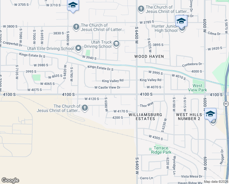 map of restaurants, bars, coffee shops, grocery stores, and more near 6524 West Castle View Drive in West Valley City