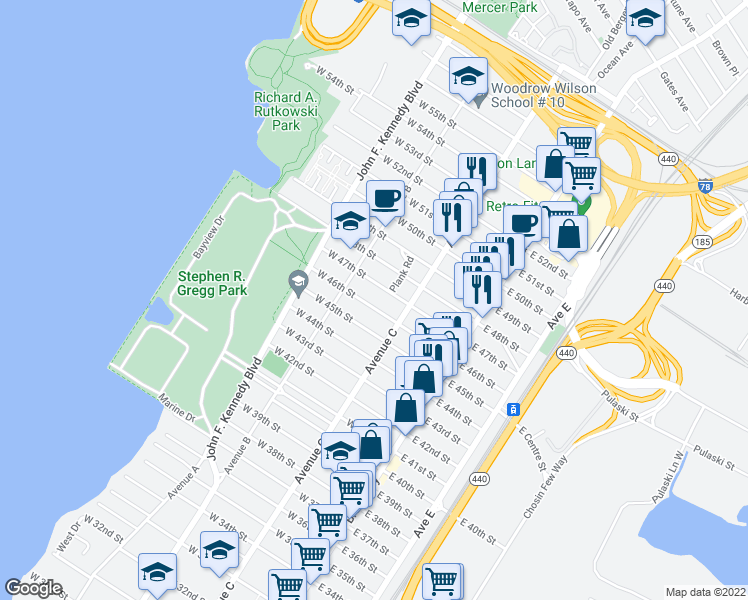 map of restaurants, bars, coffee shops, grocery stores, and more near 93 West 47th Street in Bayonne