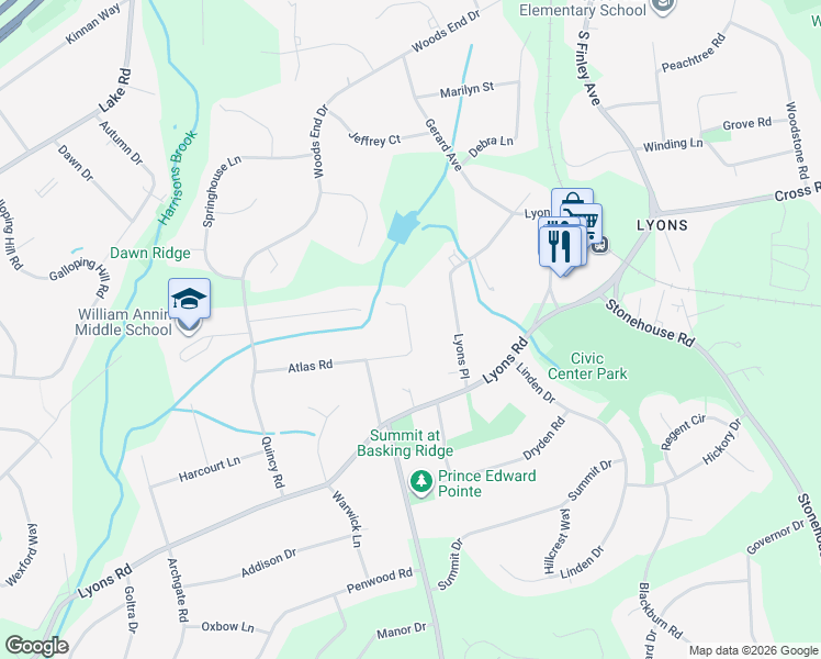 map of restaurants, bars, coffee shops, grocery stores, and more near 102 Atlas Road in Basking Ridge
