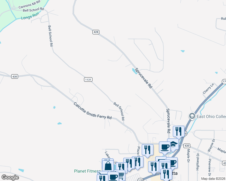 map of restaurants, bars, coffee shops, grocery stores, and more near 48340 Bell School Road in East Liverpool