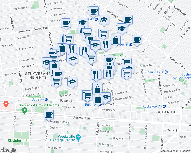 map of restaurants, bars, coffee shops, grocery stores, and more near 215 Ralph Avenue in Brooklyn