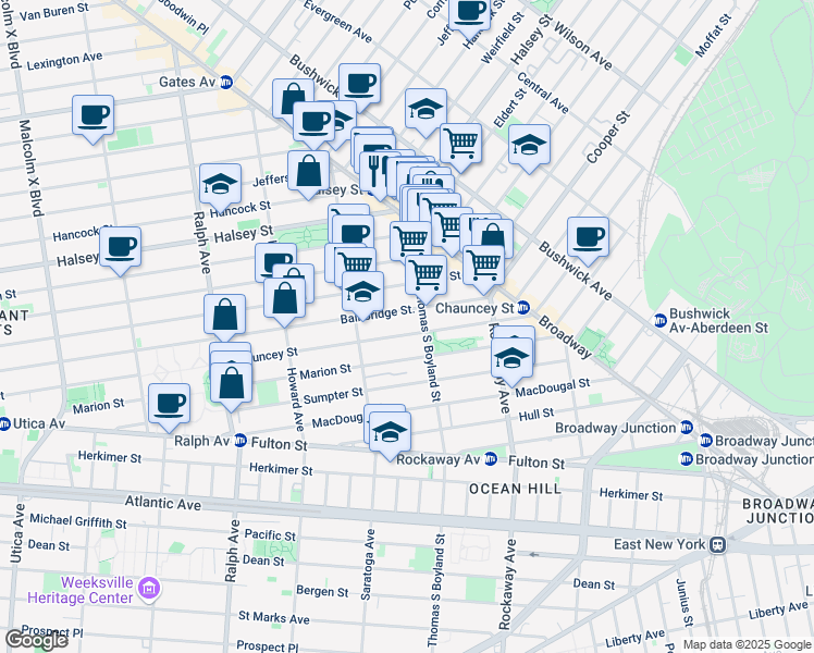 map of restaurants, bars, coffee shops, grocery stores, and more near 489 Chauncey Street in Brooklyn