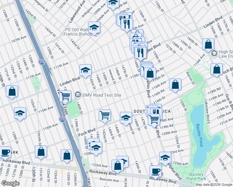 map of restaurants, bars, coffee shops, grocery stores, and more near 115-36 Inwood Street in Queens
