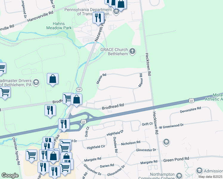 map of restaurants, bars, coffee shops, grocery stores, and more near 3550 Manor Road in Bethlehem