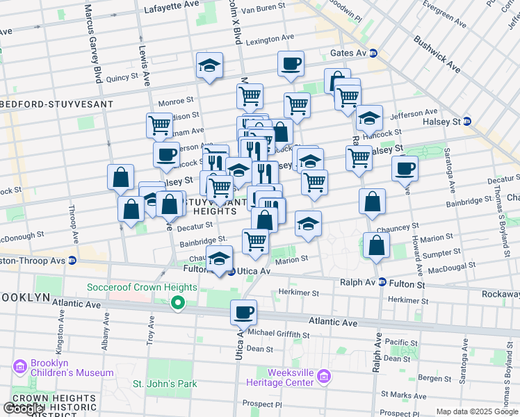map of restaurants, bars, coffee shops, grocery stores, and more near 306 Malcolm X Boulevard in Brooklyn