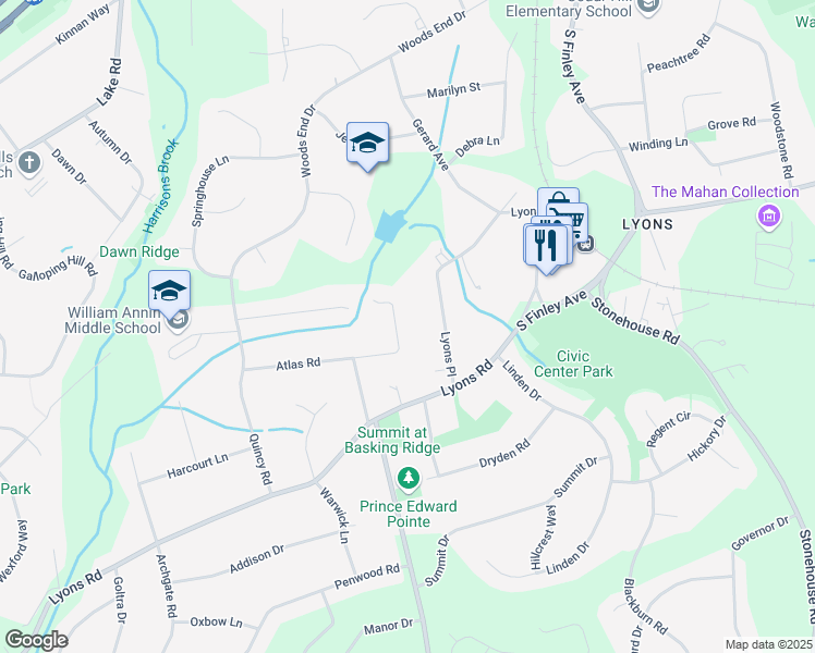 map of restaurants, bars, coffee shops, grocery stores, and more near 81 Atlas Road in Basking Ridge