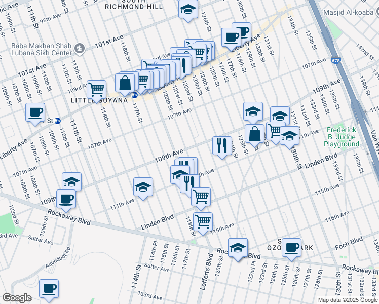 map of restaurants, bars, coffee shops, grocery stores, and more near 120-11 109th Avenue in Queens