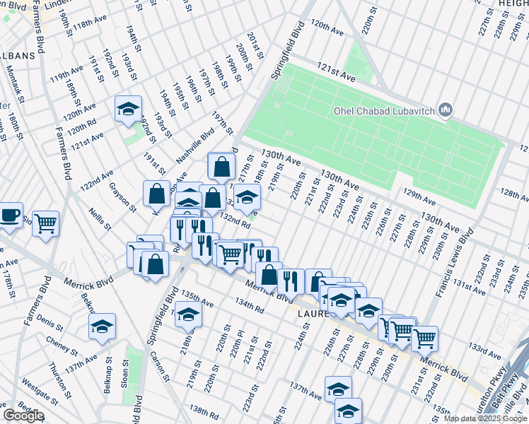 map of restaurants, bars, coffee shops, grocery stores, and more near 218-05 131st Avenue in Queens
