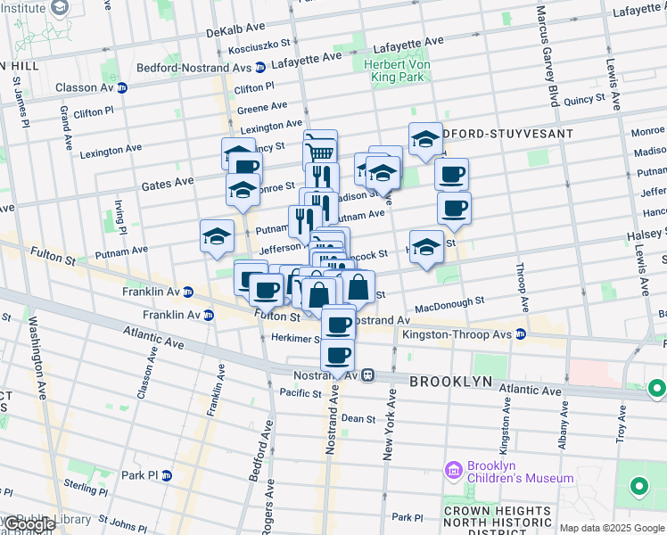 map of restaurants, bars, coffee shops, grocery stores, and more near 425 Nostrand Avenue in Brooklyn