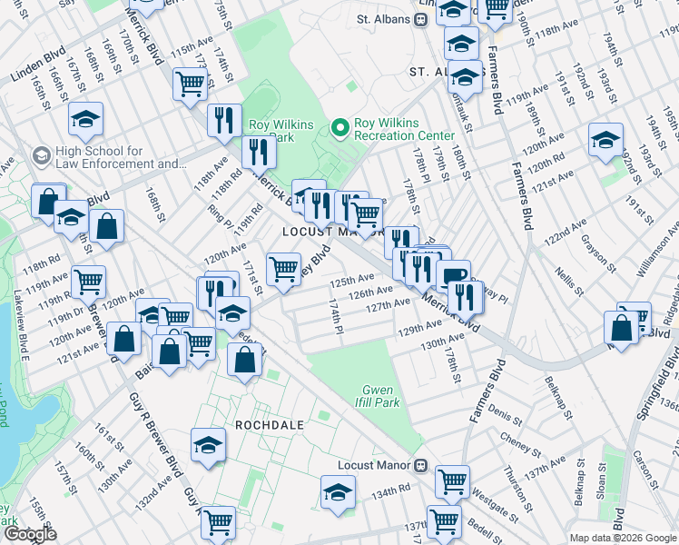 map of restaurants, bars, coffee shops, grocery stores, and more near 173 Vaswani Avenue in Queens
