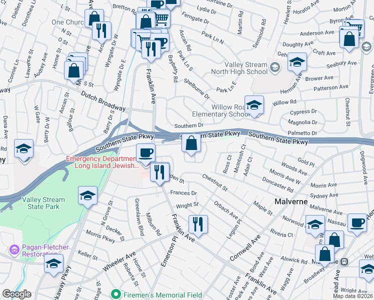 map of restaurants, bars, coffee shops, grocery stores, and more near 70 Park Drive in Valley Stream