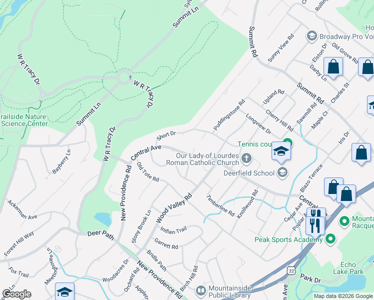 map of restaurants, bars, coffee shops, grocery stores, and more near 350 Turnabout Circle in Mountainside
